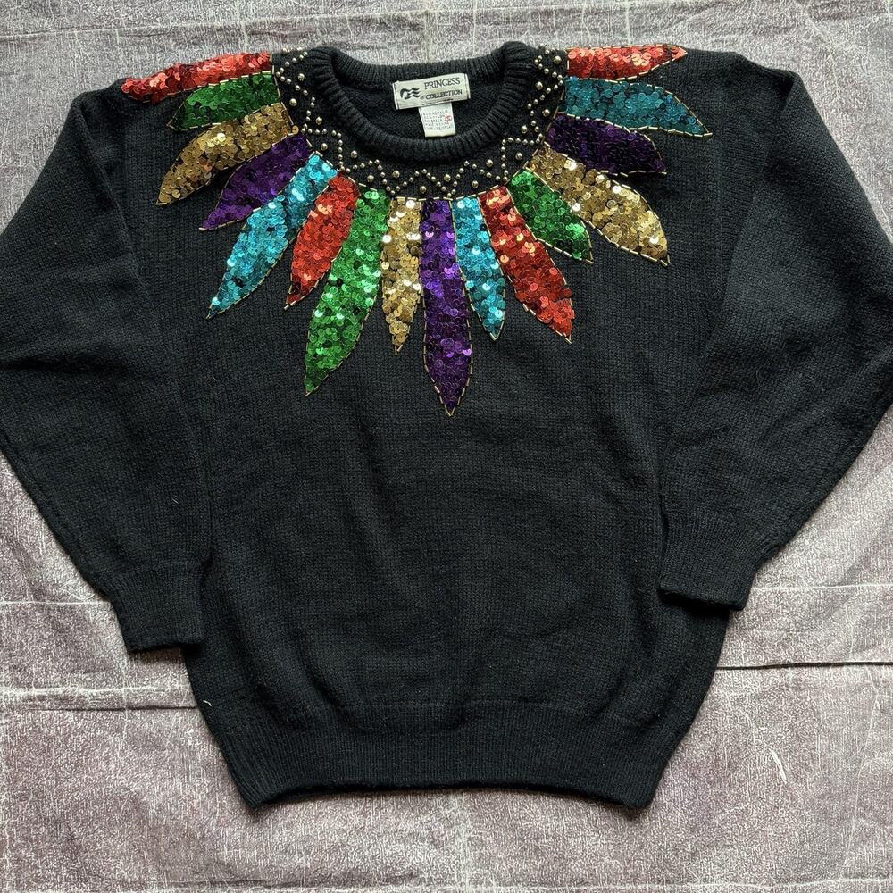 Women's Vintage 80's Princess Cruise Sequin Black Crewneck Pullover Sweater Sz S